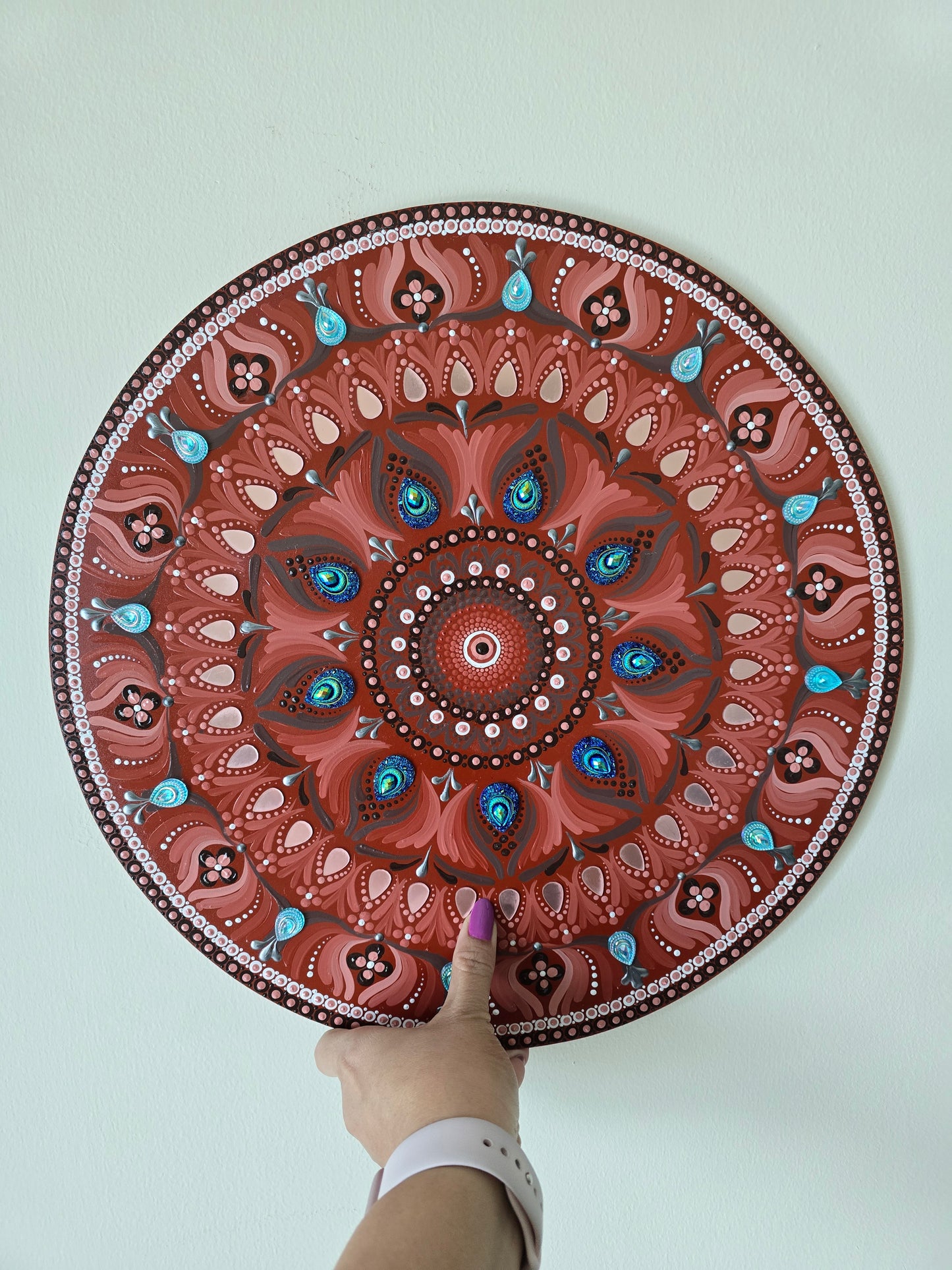 16 Inch Round Brown and Blue Dot Mandala