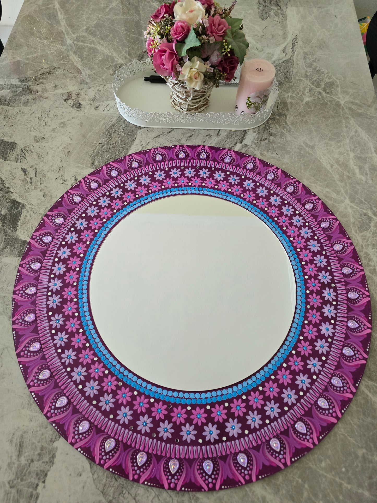24 Inch Round Purple Mirror Mandala