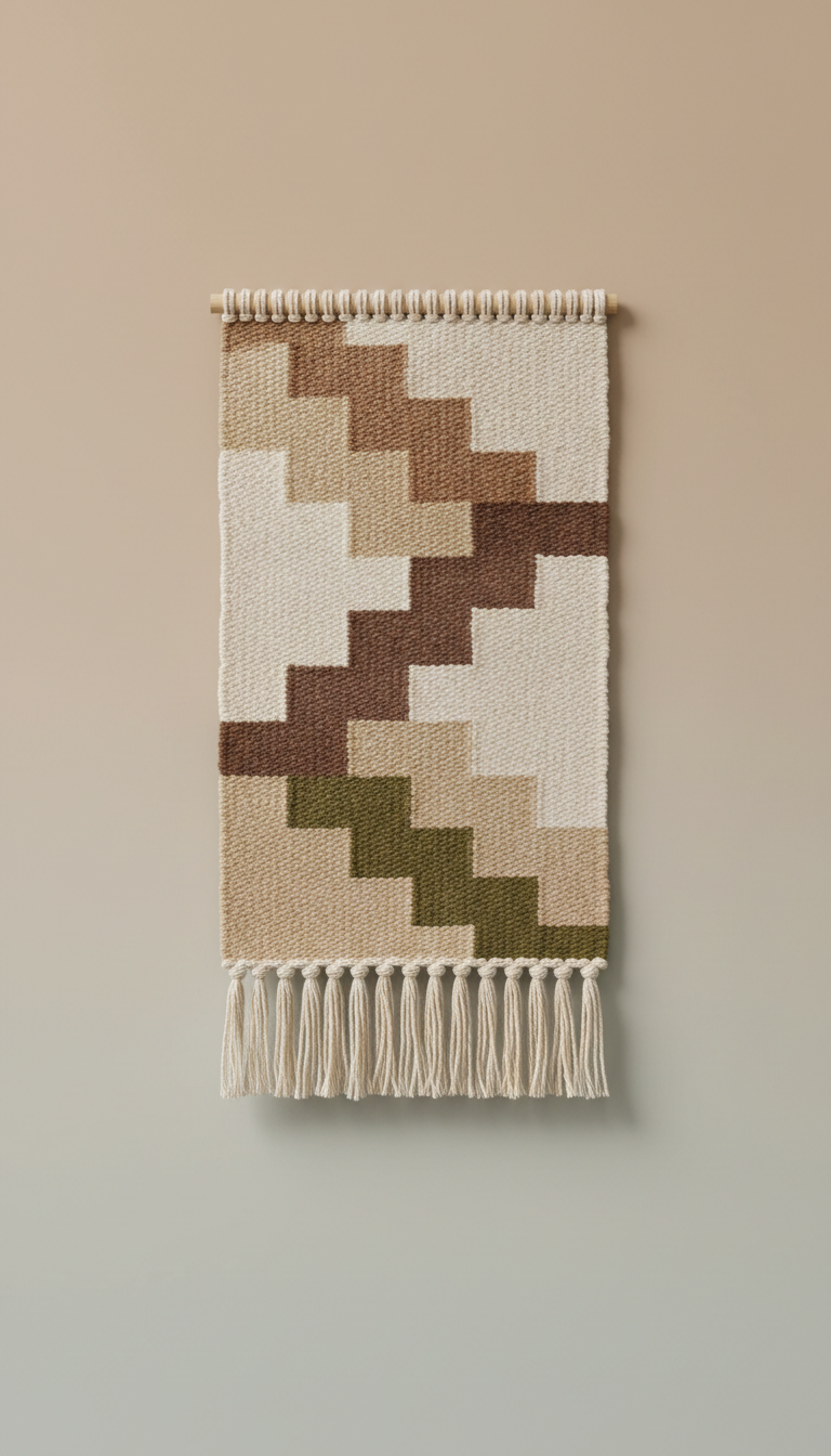 Handwoven textile wall hanging with geometric pattern