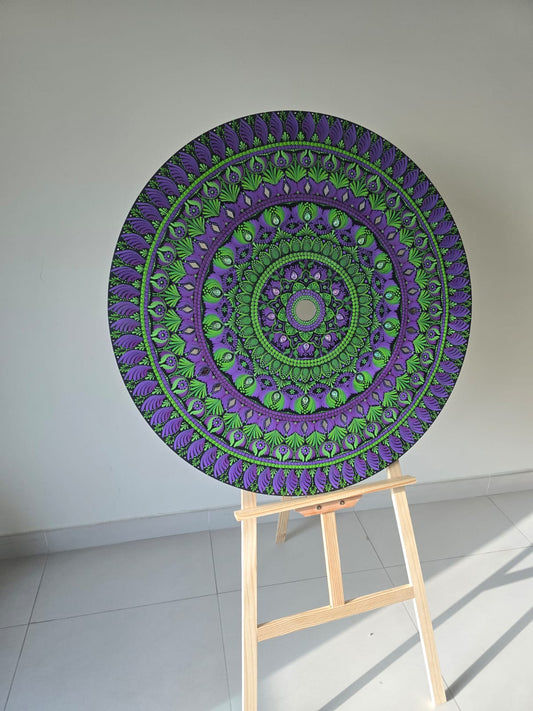 36 Inch Round Green and Purple Dot Mandala