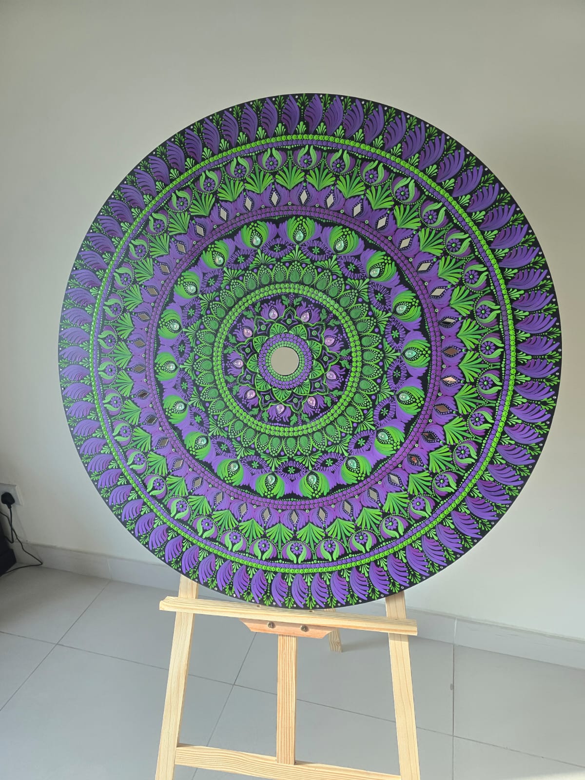 36 Inch Round Green and Purple Dot Mandala