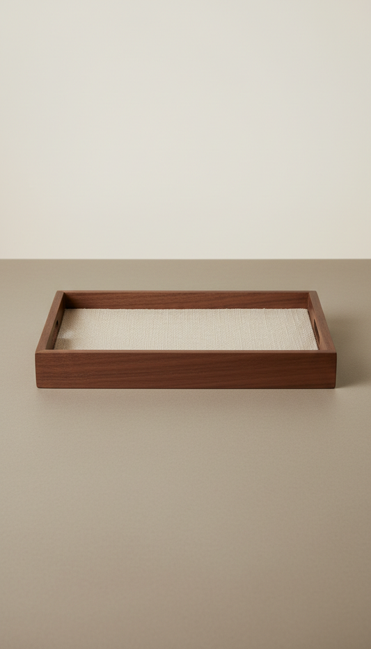 Walnut and linen decorative tray with hand-finished edges