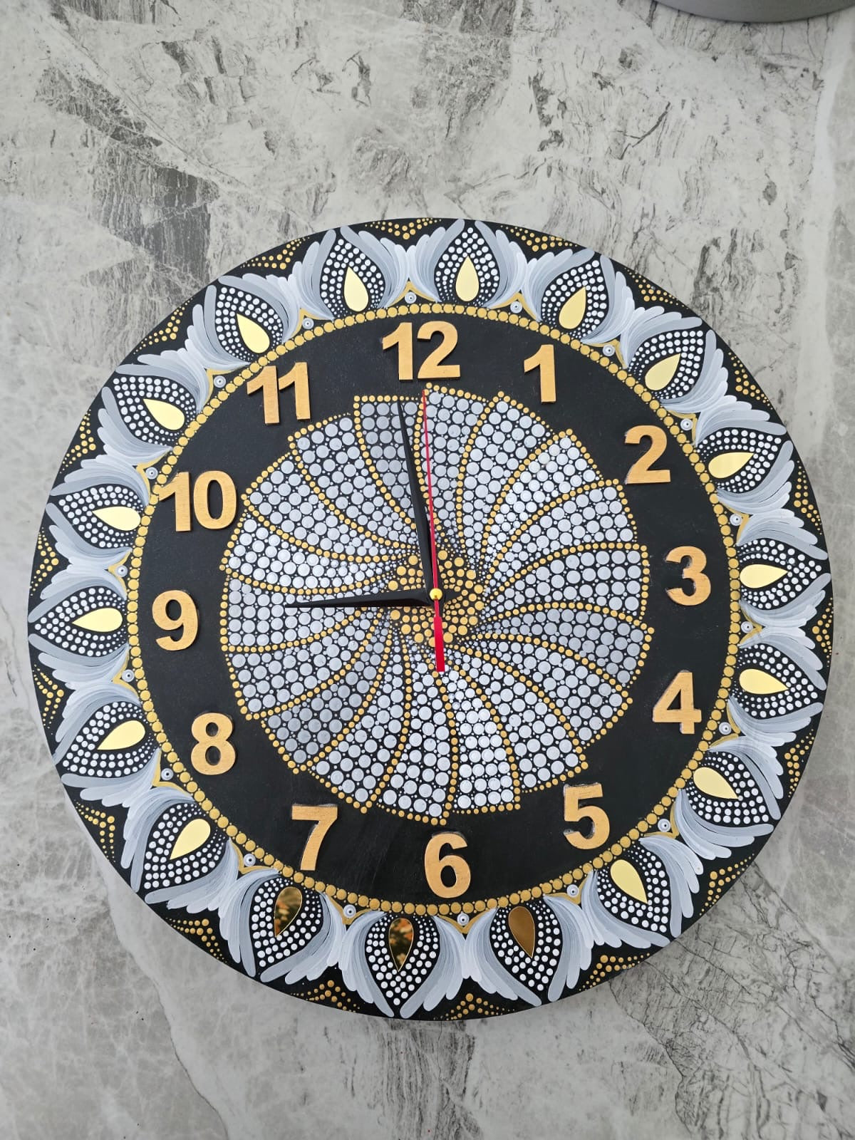 18 Inch Round Black, White & Gold  Dot Mandala Wall Clock